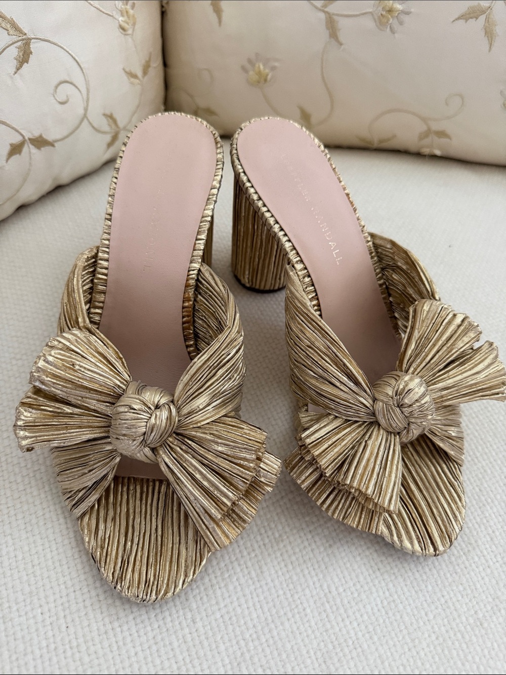 Loeffler Randall Gold Pleated Knot Bow Block Heel Mules 8